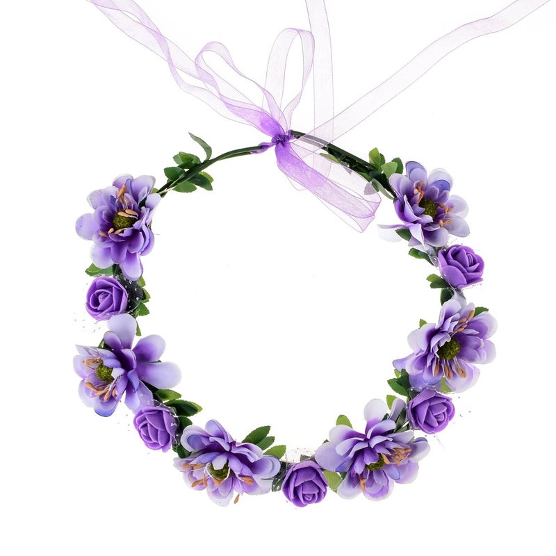 June Bloomy Rose Flower Leave Crown Bridal Halo Headband with Adjustable Ribbon (Lavender) - Image 2